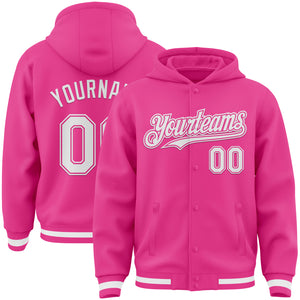 Custom Pink White Bomber Full-Snap Varsity Letterman Hoodie Jacket