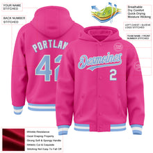 Загрузить изображение в средство просмотра галереи, Custom Pink Light Blue-White Bomber Full-Snap Varsity Letterman Hoodie Jacket
