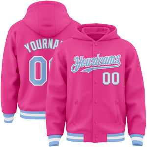 Custom Pink Light Blue-White Bomber Full-Snap Varsity Letterman Hoodie Jacket