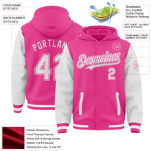 Загрузить изображение в средство просмотра галереи, Custom Pink White Bomber Full-Snap Varsity Letterman Two Tone Hoodie Jacket
