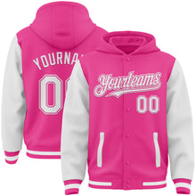 Загрузить изображение в средство просмотра галереи, Custom Pink White Bomber Full-Snap Varsity Letterman Two Tone Hoodie Jacket
