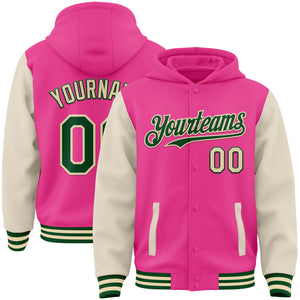 Custom Pink Green-Cream Bomber Full-Snap Varsity Letterman Two Tone Hoodie Jacket