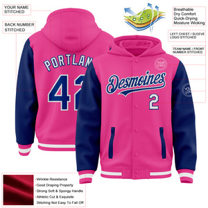 Custom Pink Royal-White Bomber Full-Snap Varsity Letterman Two Tone Hoodie Jacket