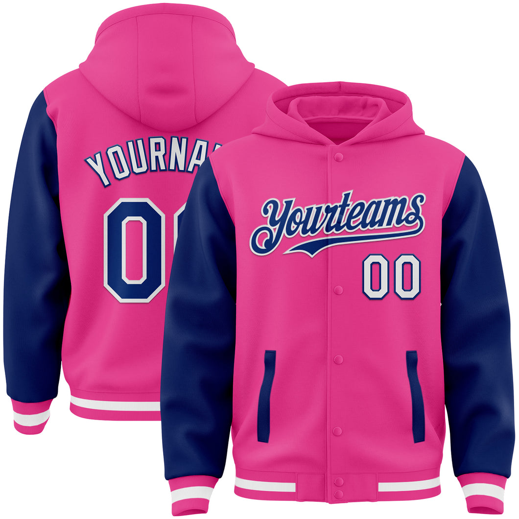 Custom Pink Royal-White Bomber Full-Snap Varsity Letterman Two Tone Hoodie Jacket