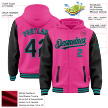 Загрузить изображение в средство просмотра галереи, Custom Pink Black-Teal Bomber Full-Snap Varsity Letterman Two Tone Hoodie Jacket
