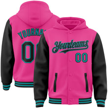 Загрузить изображение в средство просмотра галереи, Custom Pink Black-Teal Bomber Full-Snap Varsity Letterman Two Tone Hoodie Jacket
