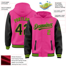 Загрузить изображение в средство просмотра галереи, Custom Pink Black-Neon Green Bomber Full-Snap Varsity Letterman Two Tone Hoodie Jacket
