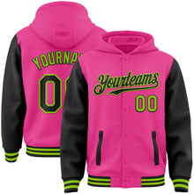 Загрузить изображение в средство просмотра галереи, Custom Pink Black-Neon Green Bomber Full-Snap Varsity Letterman Two Tone Hoodie Jacket
