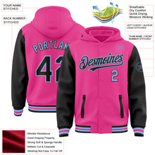 Загрузить изображение в средство просмотра галереи, Custom Pink Black-Light Blue Bomber Full-Snap Varsity Letterman Two Tone Hoodie Jacket
