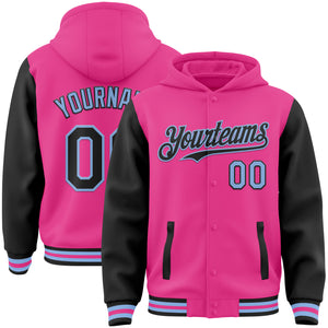 Custom Pink Black-Light Blue Bomber Full-Snap Varsity Letterman Two Tone Hoodie Jacket