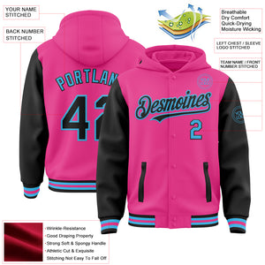 Custom Pink Black-Sky Blue Bomber Full-Snap Varsity Letterman Two Tone Hoodie Jacket