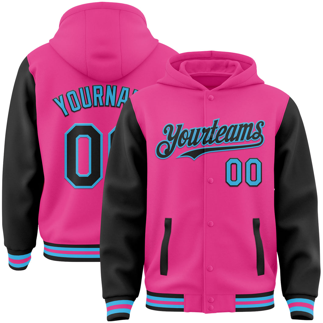 Custom Pink Black-Sky Blue Bomber Full-Snap Varsity Letterman Two Tone Hoodie Jacket