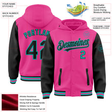 Загрузить изображение в средство просмотра галереи, Custom Pink Black-Aqua Bomber Full-Snap Varsity Letterman Two Tone Hoodie Jacket
