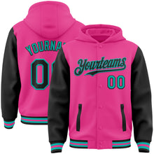 Загрузить изображение в средство просмотра галереи, Custom Pink Black-Aqua Bomber Full-Snap Varsity Letterman Two Tone Hoodie Jacket
