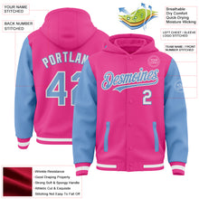 Charger l&#39;image dans la galerie, Custom Pink Light Blue-White Bomber Full-Snap Varsity Letterman Two Tone Hoodie Jacket
