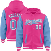 Charger l&#39;image dans la galerie, Custom Pink Light Blue-White Bomber Full-Snap Varsity Letterman Two Tone Hoodie Jacket
