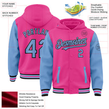 Загрузить изображение в средство просмотра галереи, Custom Pink Light Blue-Black Bomber Full-Snap Varsity Letterman Two Tone Hoodie Jacket
