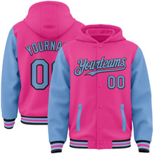 Загрузить изображение в средство просмотра галереи, Custom Pink Light Blue-Black Bomber Full-Snap Varsity Letterman Two Tone Hoodie Jacket
