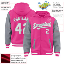 Загрузить изображение в средство просмотра галереи, Custom Pink White-Gray Bomber Full-Snap Varsity Letterman Two Tone Hoodie Jacket
