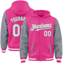 Загрузить изображение в средство просмотра галереи, Custom Pink White-Gray Bomber Full-Snap Varsity Letterman Two Tone Hoodie Jacket
