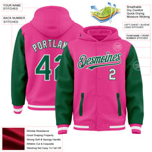 Загрузить изображение в средство просмотра галереи, Custom Pink Kelly Green-White Bomber Full-Snap Varsity Letterman Two Tone Hoodie Jacket
