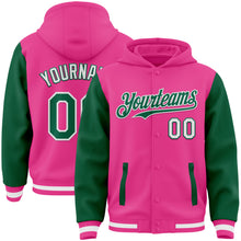 Загрузить изображение в средство просмотра галереи, Custom Pink Kelly Green-White Bomber Full-Snap Varsity Letterman Two Tone Hoodie Jacket
