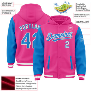 Custom Pink Powder Blue-White Bomber Full-Snap Varsity Letterman Two Tone Hoodie Jacket