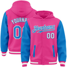 Загрузить изображение в средство просмотра галереи, Custom Pink Powder Blue-White Bomber Full-Snap Varsity Letterman Two Tone Hoodie Jacket
