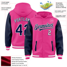 Charger l&#39;image dans la galerie, Custom Pink Navy-White Bomber Full-Snap Varsity Letterman Two Tone Hoodie Jacket
