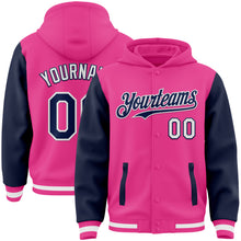 Charger l&#39;image dans la galerie, Custom Pink Navy-White Bomber Full-Snap Varsity Letterman Two Tone Hoodie Jacket
