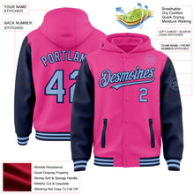 Charger l&#39;image dans la galerie, Custom Pink Light Blue-Navy Bomber Full-Snap Varsity Letterman Two Tone Hoodie Jacket
