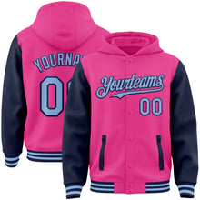 Charger l&#39;image dans la galerie, Custom Pink Light Blue-Navy Bomber Full-Snap Varsity Letterman Two Tone Hoodie Jacket
