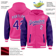 Загрузить изображение в средство просмотра галереи, Custom Pink Purple-White Bomber Full-Snap Varsity Letterman Two Tone Hoodie Jacket
