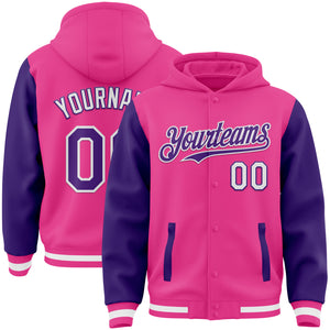 Custom Pink Purple-White Bomber Full-Snap Varsity Letterman Two Tone Hoodie Jacket