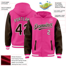 Загрузить изображение в средство просмотра галереи, Custom Pink Brown-White Bomber Full-Snap Varsity Letterman Two Tone Hoodie Jacket
