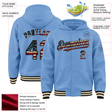 Загрузить изображение в средство просмотра галереи, Custom Light Blue Vintage USA Flag Black-Cream Bomber Full-Snap Varsity Letterman Hoodie Jacket
