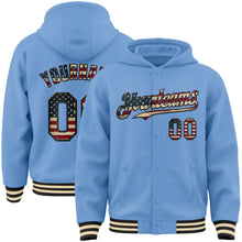 Загрузить изображение в средство просмотра галереи, Custom Light Blue Vintage USA Flag Black-Cream Bomber Full-Snap Varsity Letterman Hoodie Jacket
