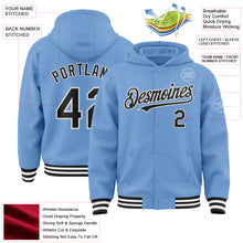 Загрузить изображение в средство просмотра галереи, Custom Light Blue Black-White Bomber Full-Snap Varsity Letterman Hoodie Jacket
