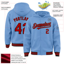 Загрузить изображение в средство просмотра галереи, Custom Light Blue Red-Black Bomber Full-Snap Varsity Letterman Hoodie Jacket
