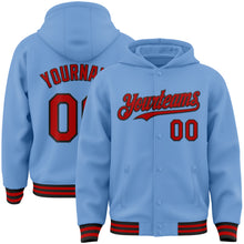 Загрузить изображение в средство просмотра галереи, Custom Light Blue Red-Black Bomber Full-Snap Varsity Letterman Hoodie Jacket
