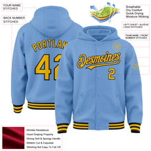 Charger l&#39;image dans la galerie, Custom Light Blue Gold-Black Bomber Full-Snap Varsity Letterman Hoodie Jacket
