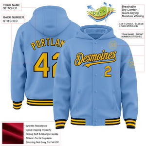 Custom Light Blue Gold-Black Bomber Full-Snap Varsity Letterman Hoodie Jacket