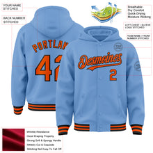 Charger l&#39;image dans la galerie, Custom Light Blue Orange-Black Bomber Full-Snap Varsity Letterman Hoodie Jacket
