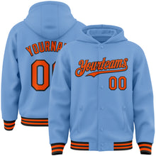 Charger l&#39;image dans la galerie, Custom Light Blue Orange-Black Bomber Full-Snap Varsity Letterman Hoodie Jacket
