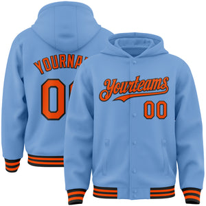 Custom Light Blue Orange-Black Bomber Full-Snap Varsity Letterman Hoodie Jacket