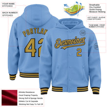 Загрузить изображение в средство просмотра галереи, Custom Light Blue Old Gold-Black Bomber Full-Snap Varsity Letterman Hoodie Jacket
