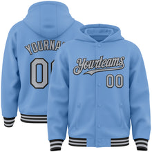 Загрузить изображение в средство просмотра галереи, Custom Light Blue Gray-Black Bomber Full-Snap Varsity Letterman Hoodie Jacket
