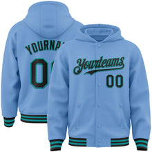 Charger l&#39;image dans la galerie, Custom Light Blue Black-Teal Bomber Full-Snap Varsity Letterman Hoodie Jacket
