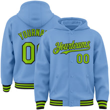 Загрузить изображение в средство просмотра галереи, Custom Light Blue Neon Green-Black Bomber Full-Snap Varsity Letterman Hoodie Jacket
