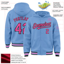 Laden Sie das Bild in den Galerie-Viewer, Custom Light Blue Pink-Black Bomber Full-Snap Varsity Letterman Hoodie Jacket
